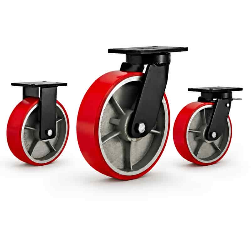 Three heavy-duty caster wheels in top plate mounting style, with red tread silver core wheel and black color metal bracket.