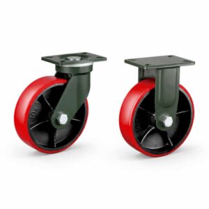 Two heavy-duty caster wheels in top plate mounting style, with red tread black core wheel and dark green color metal bracket.