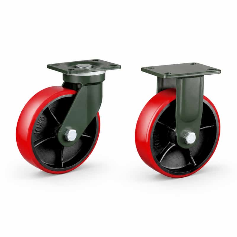 Two heavy-duty caster wheels in top plate mounting style, with red tread black core wheel and dark green color metal bracket.