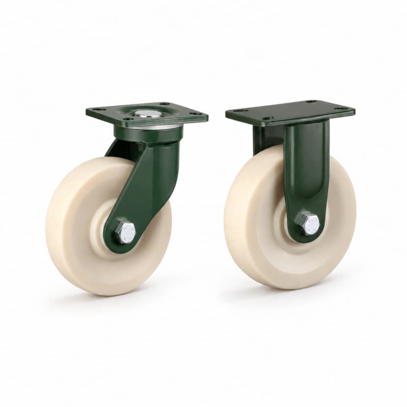 Two heavy-duty caster wheels in top plate mounting style, with red tread black core wheel and dark green color metal bracket.