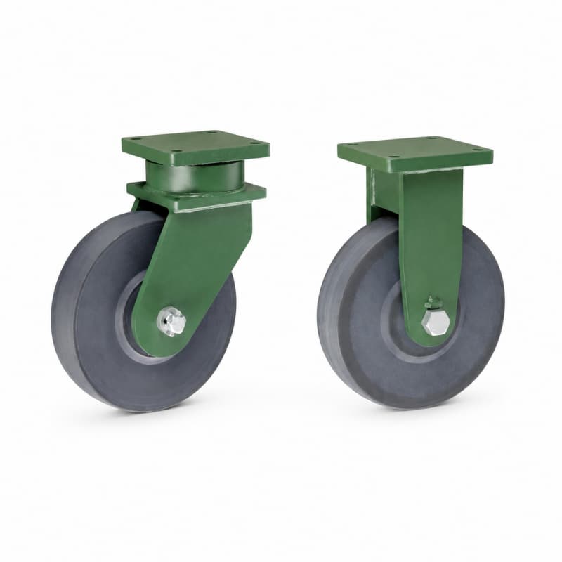 Two heavy-duty caster wheels in top plate mounting style, with black wheel and dark green color metal bracket.