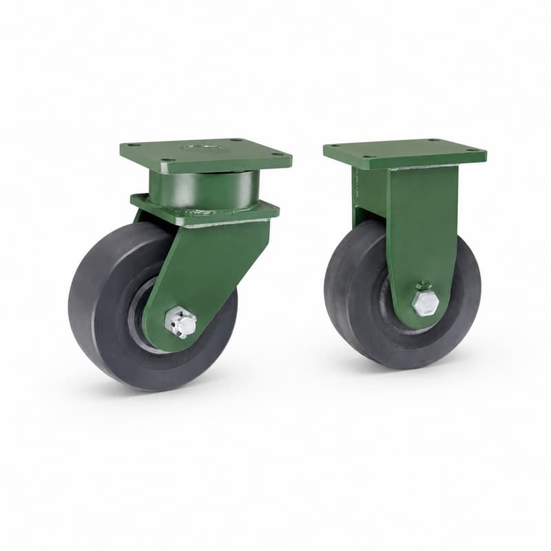 Two heavy-duty caster wheels in top plate mounting style, with black wheel and dark green color metal bracket.