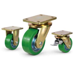 Three heavy-duty caster wheels in top plate mounting style, with green tread silver core wheel and golden color metal bracket.