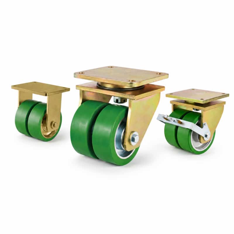 Three heavy-duty caster wheels in top plate mounting style, with green tread silver core wheel and golden color metal bracket.