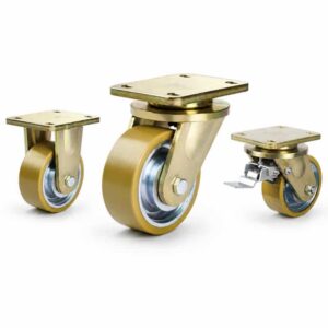 Three heavy-duty caster wheels in top plate mounting style, with brown tread silver core wheel and golden color metal bracket.