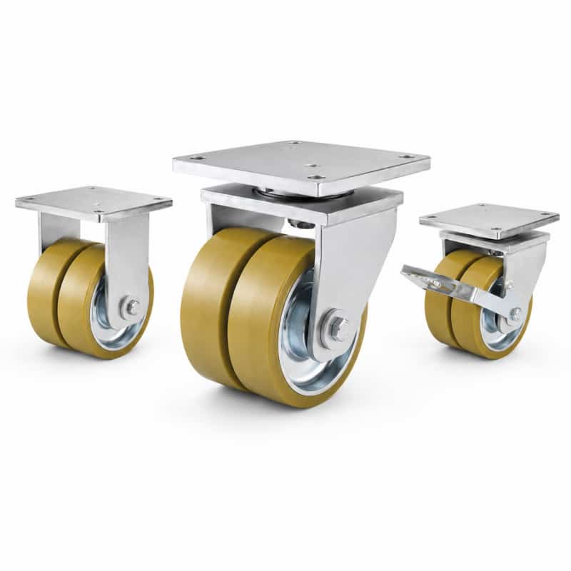 Three heavy-duty caster wheels in top plate mounting style, with dual brown tread silver core wheels and silver color metal bracket.