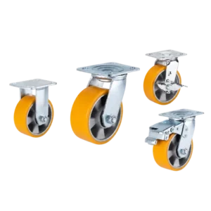 heavy duty american-style casters with yellow PU tread on aluminum core wheels in top-plate rigid, swivel and swivel with brake configurations