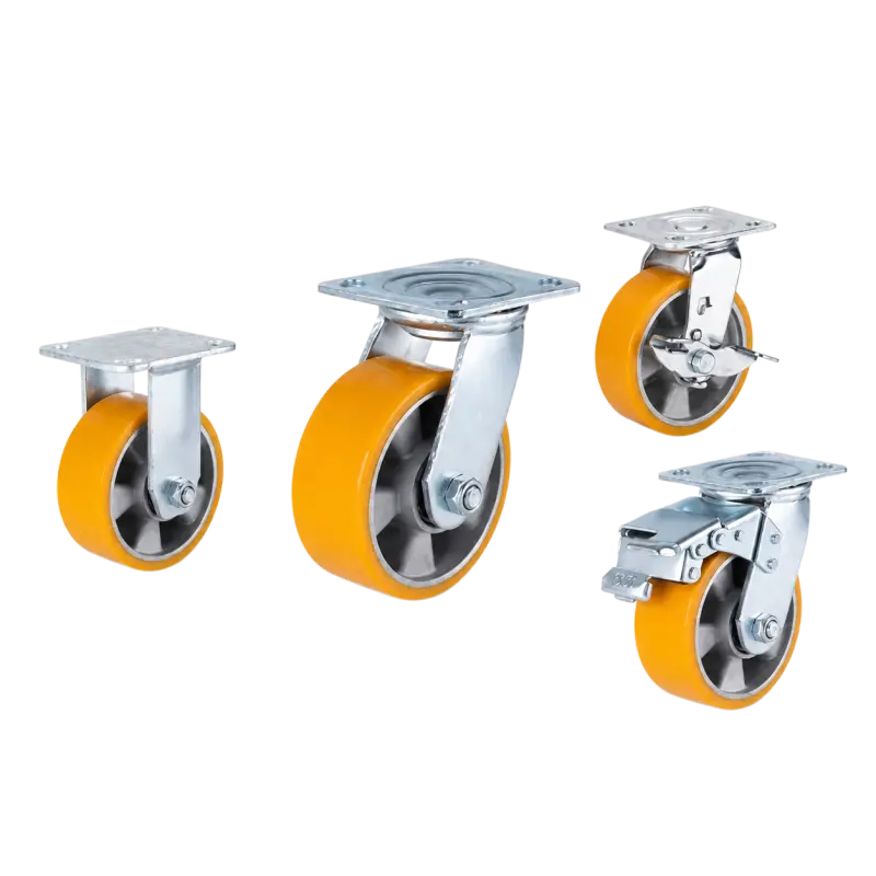 heavy duty american-style casters with yellow PU tread on aluminum core wheels in top-plate rigid, swivel and swivel with brake configurations