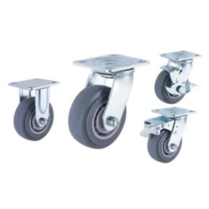 heavy duty american-style casters with grey TPR tread wheels in top-plate rigid, swivel and swivel with brake configurations.