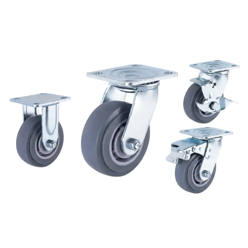 heavy duty american-style casters with grey TPR tread wheels in top-plate rigid, swivel and swivel with brake configurations.