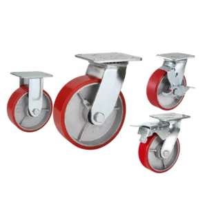 heavy duty american-style casters with red PU tread on cast iron core wheels in top-plate rigid, swivel and swivel with brake configurations
