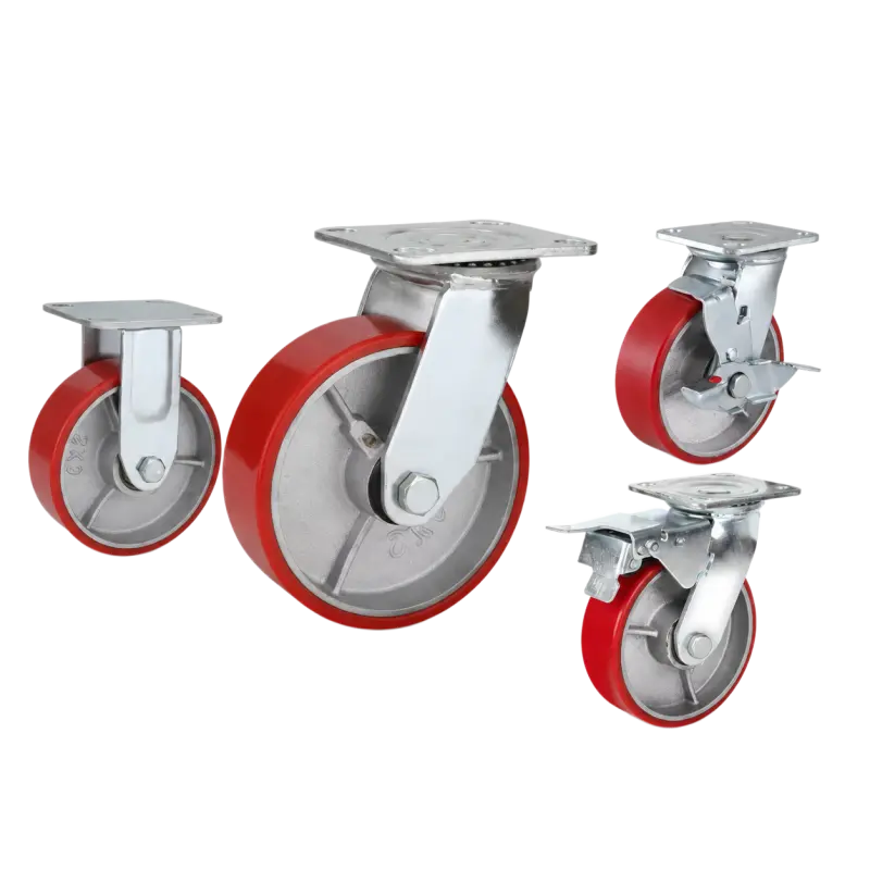heavy duty american-style casters with red PU tread on cast iron core wheels in top-plate rigid, swivel and swivel with brake configurations
