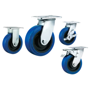 heavy duty american-style casters with blue rubber tread wheels in top-plate rigid, swivel and swivel with brake configurations