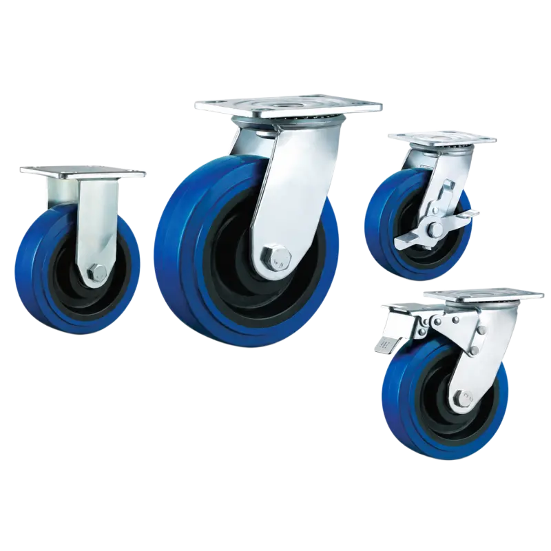 heavy duty american-style casters with blue rubber tread wheels in top-plate rigid, swivel and swivel with brake configurations