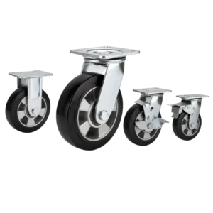 heavy duty american-style casters with black rubber tread on aluminum core wheels in top-plate rigid, swivel and swivel with brake configurations
