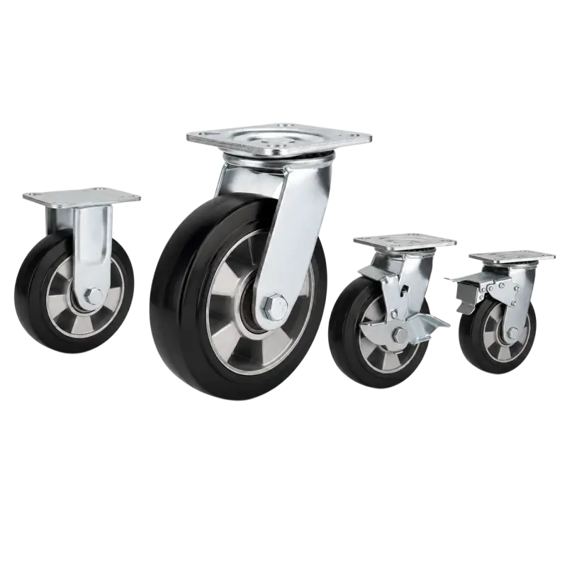 heavy duty american-style casters with black rubber tread on aluminum core wheels in top-plate rigid, swivel and swivel with brake configurations