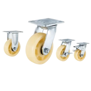 heavy duty american-style casters with cream color plastic tread wheels in top-plate rigid, swivel and swivel with brake configurations.