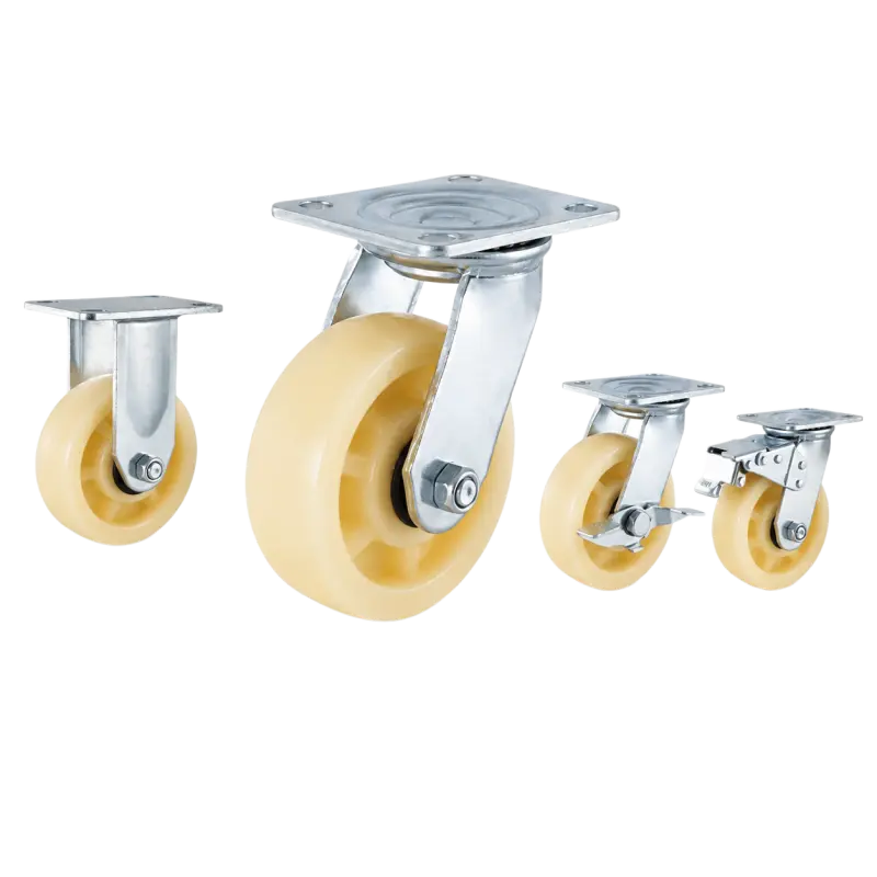 heavy duty american-style casters with cream color plastic tread wheels in top-plate rigid, swivel and swivel with brake configurations.