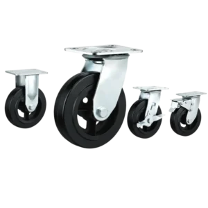 heavy duty american-style casters with black rubber tread on cast iron core wheels in top-plate rigid, swivel and swivel with brake configurations