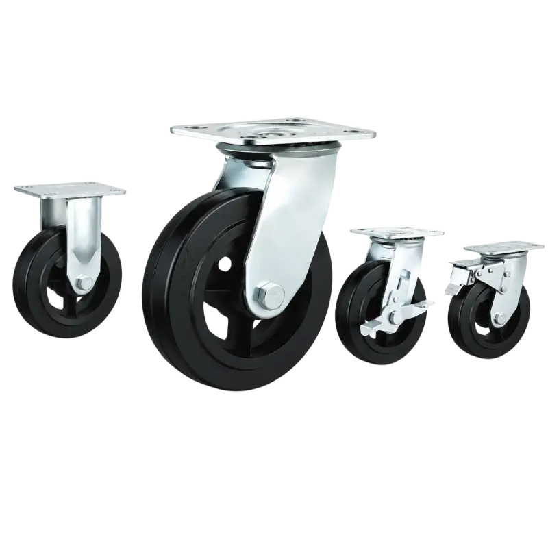 heavy duty american-style casters with black rubber tread on cast iron core wheels in top-plate rigid, swivel and swivel with brake configurations
