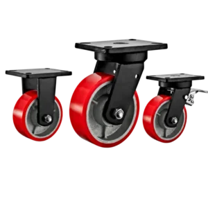 heavy duty casters with red PU tread on cast iron core wheels in top-plate rigid, swivel and swivel with brake configurations.