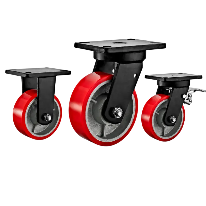 heavy duty casters with red PU tread on cast iron core wheels in top-plate rigid, swivel and swivel with brake configurations.