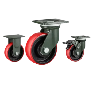 heavy duty casters with red PU tread on cast iron core wheels in top-plate rigid, swivel and swivel with brake configurations.