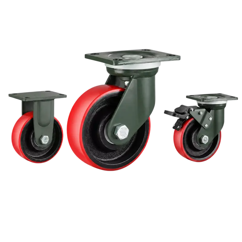heavy duty casters with red PU tread on cast iron core wheels in top-plate rigid, swivel and swivel with brake configurations.