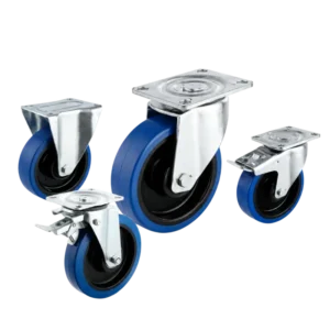 heavy-duty european style casters with blue rubber tread wheels in top-plate rigid, swivel and swivel with brake configurations.