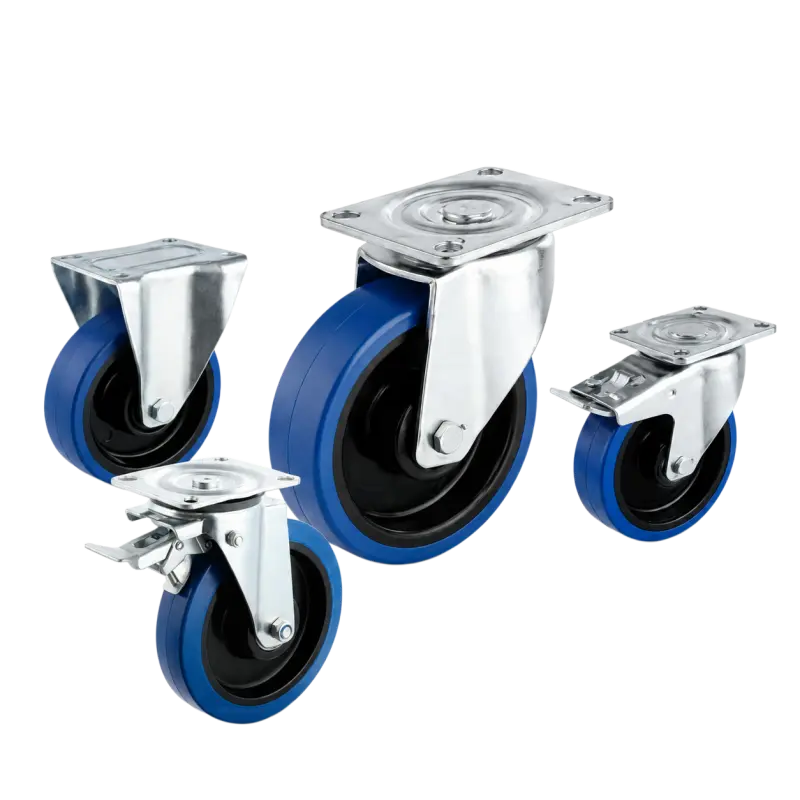 heavy-duty european style casters with blue rubber tread wheels in top-plate rigid, swivel and swivel with brake configurations.