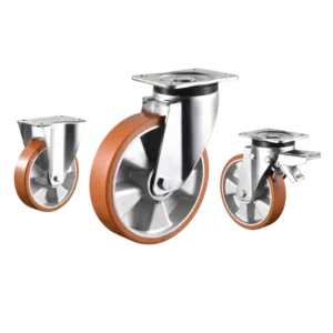 heavy-duty european style casters with orange PU tread on aluminum core wheels in top-plate rigid, swivel and swivel with brake configurations.