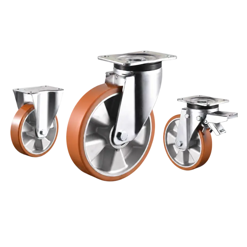 heavy-duty european style casters with orange PU tread on aluminum core wheels in top-plate rigid, swivel and swivel with brake configurations.
