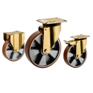 heavy-duty european style casters with brown PU tread on aluminum core wheels in top-plate rigid, swivel and swivel with brake configurations.