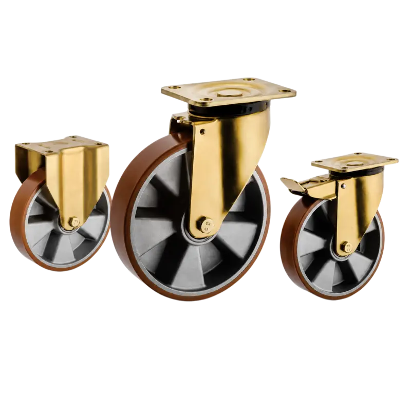 heavy-duty european style casters with brown PU tread on aluminum core wheels in top-plate rigid, swivel and swivel with brake configurations.