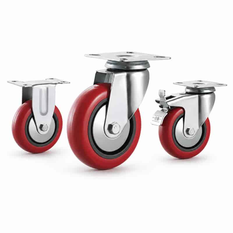 Three light-duty casters with red wheel and silver cap in top plate mounting style.