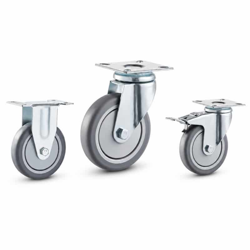 Three light-duty casters with grey wheel in swivel, rigid and swivel with brake configuration.