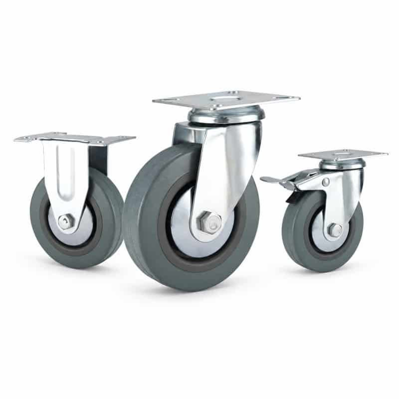 Three light-duty casters with grey wheel and silver wheel cap in swivel, rigid and swivel with brake configuration.