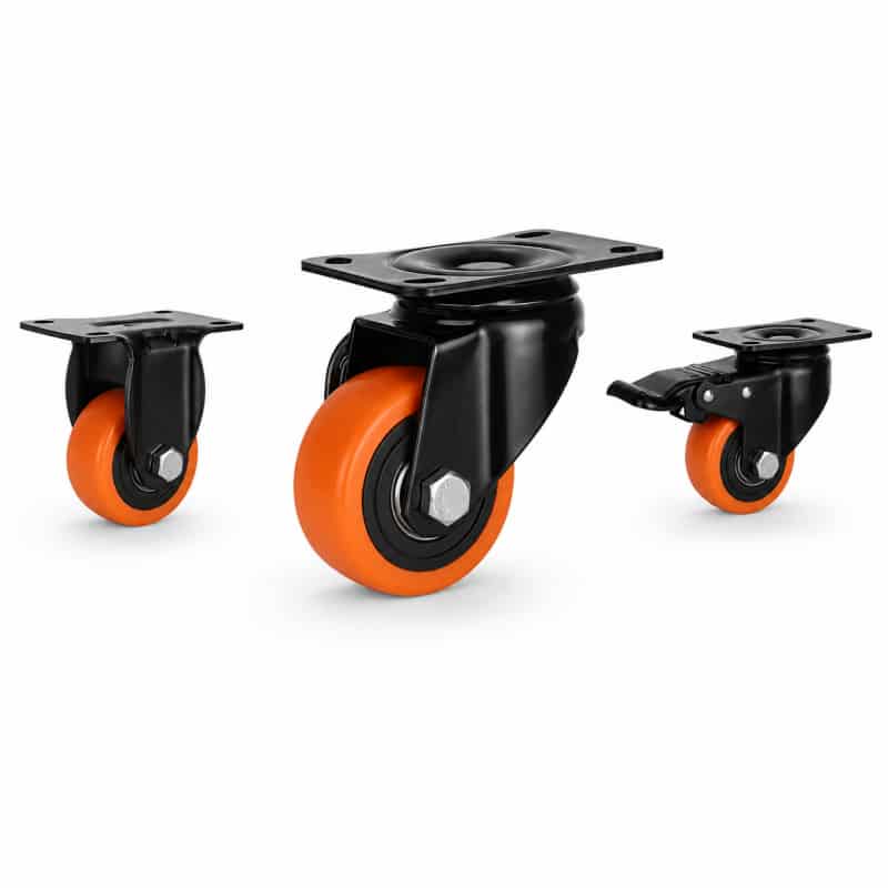 Three light-duty casters with orange wheel and black bracket in swivel, rigid and swivel with brake configuration.