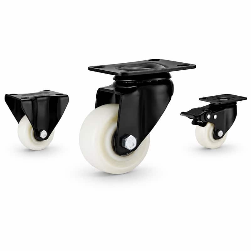 Three light-duty casters with white wheel and black bracket in swivel, rigid and swivel with brake configuration.