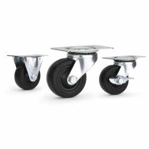 Three light-duty low profile caster wheels in top plate mounting style, with black color wheel and silver color zinc plated metal bracket.