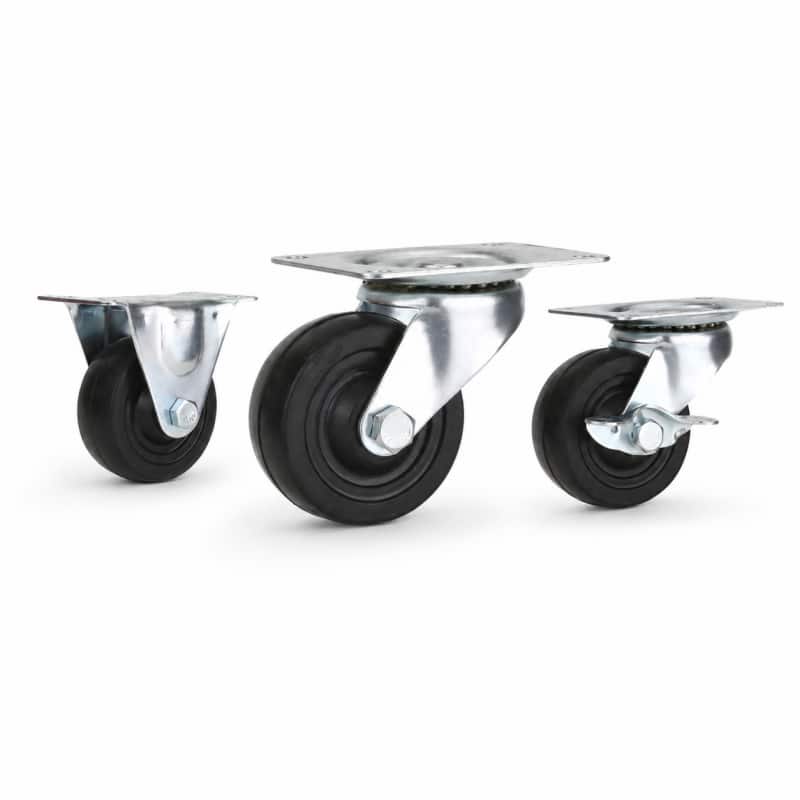 Three light-duty low profile caster wheels in top plate mounting style, with black color wheel and silver color zinc plated metal bracket.