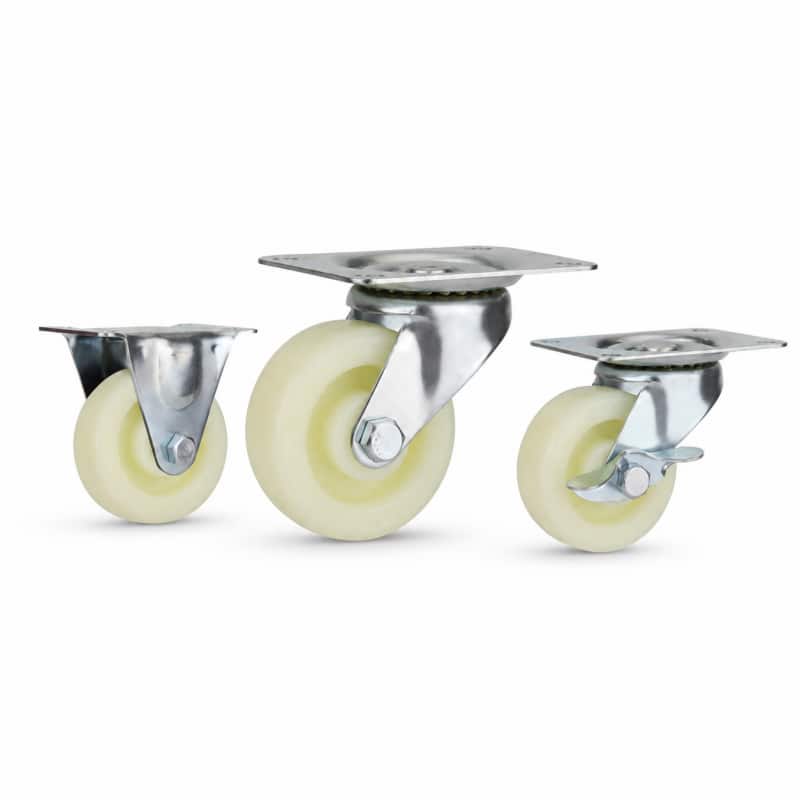 Three light-duty low profile caster wheels in top plate mounting style, with white color wheel and silver color zinc plated metal bracket.