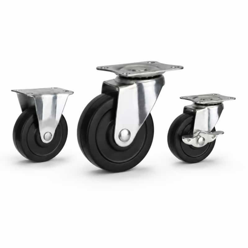 Three light-duty caster wheels in top plate mounting style, with black color wheel and silver color zinc plated metal bracket.