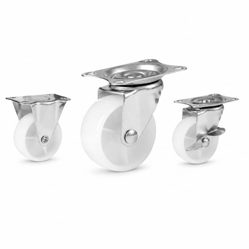 Three light-duty caster wheels in top plate mounting style, with white color wheel and silver color zinc plated metal bracket.