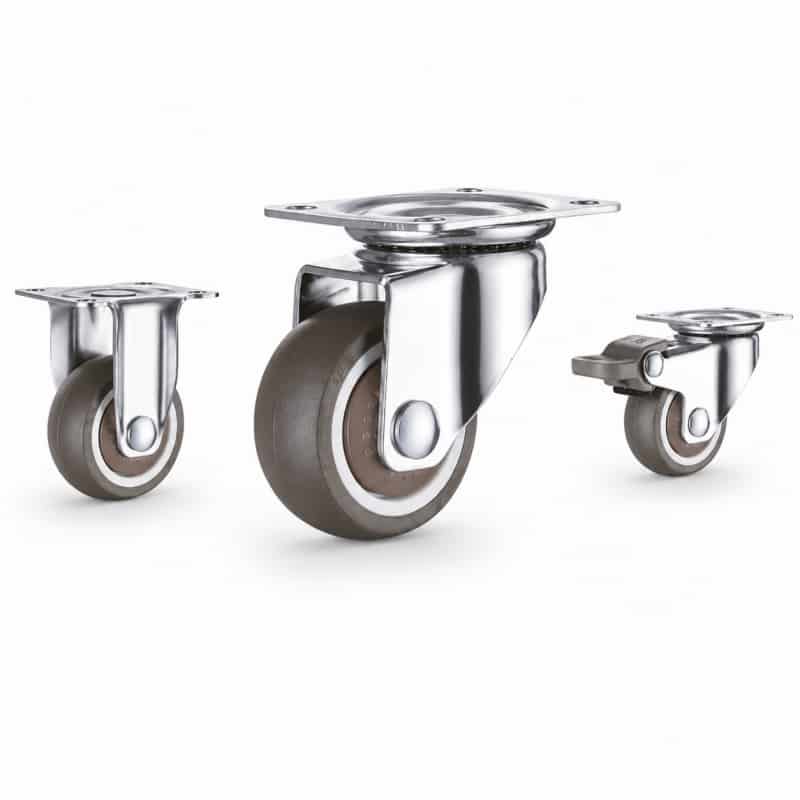 Three light-duty caster wheels in top plate mounting style, with brown color wheel and silver color zinc plated metal bracket.