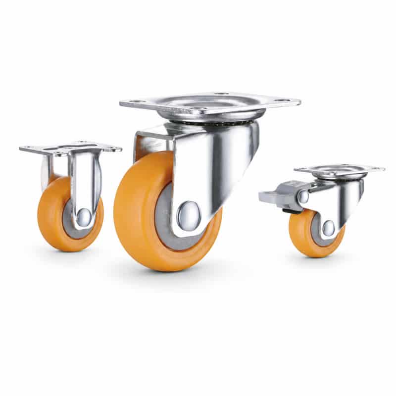 Three light-duty caster wheels in top plate mounting style, with orange color wheel and silver color zinc plated metal bracket.