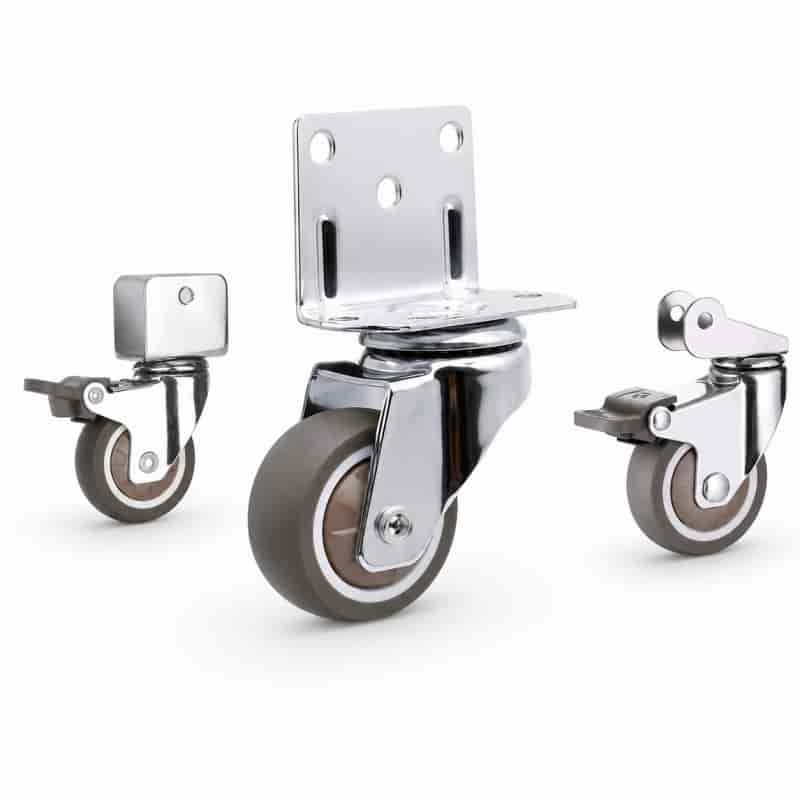 Three light-duty caster wheels with brown color wheel and silver color zinc plated U and L shape bracket.
