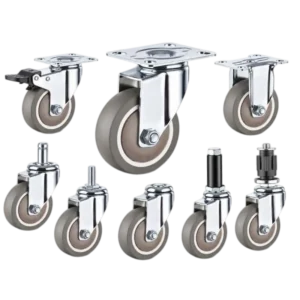 eight light-duty caster wheels in top plate mounting style, with brown color TPE wheel and silver color zinc plated metal bracket.