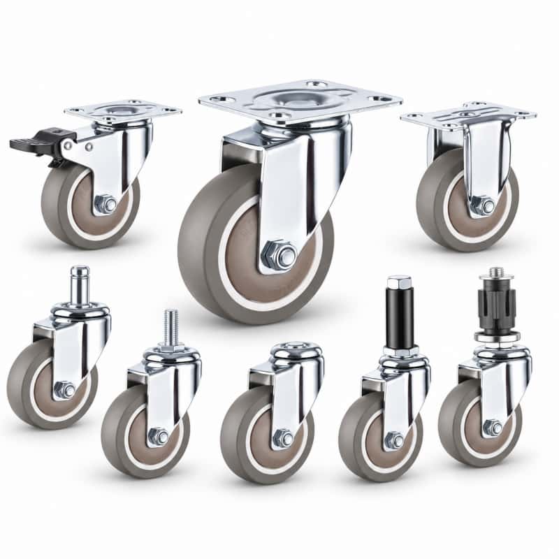 eight light-duty caster wheels in top plate, bolt hole and stem mounting style, with brown color wheel and silver color zinc plated metal bracket.