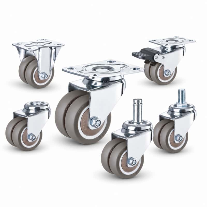 six light-duty caster wheels in top plate mounting style, with dual brown color TPE wheel and silver color zinc plated metal bracket.